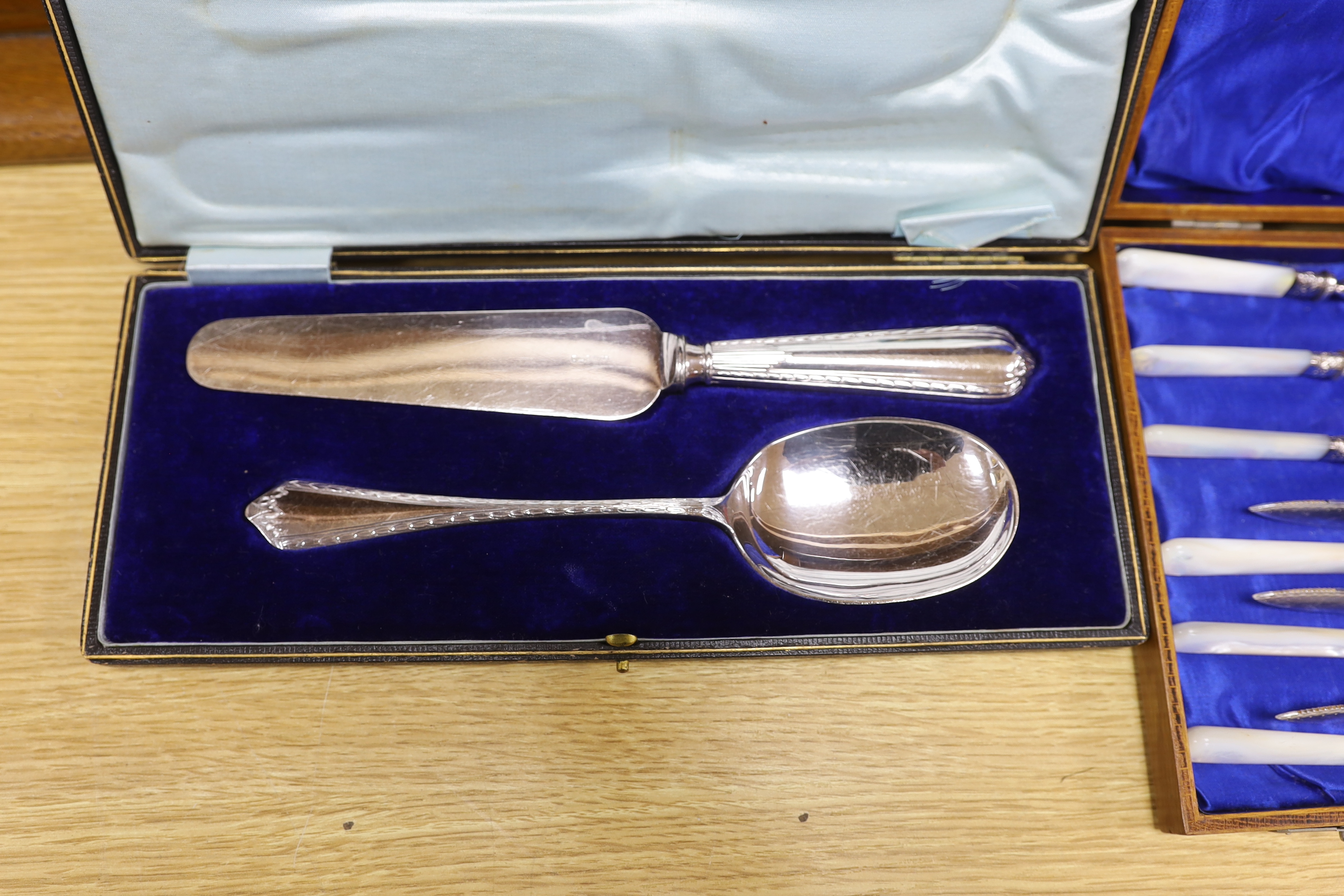 Two oak cased canteens of Old English pattern plated flatware and smaller boxes of cutlery